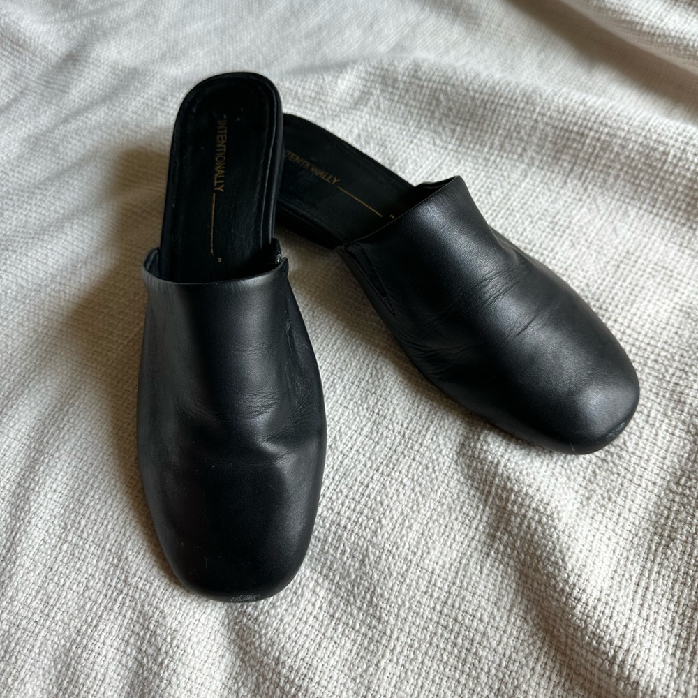 Intentionally Blank Black Leather Mules